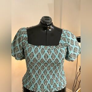 Maurices Smocked Top 3X NWT Teal Medallion Print Puff Sleeve Peasant Cottagecore